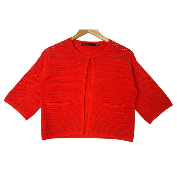 Karen Millen Red Orange Crochet Sheer Cardigan size 1 Old Money Preppy New York - Picture 1 of 8